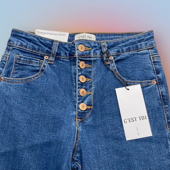 C’EST TOI Denim - C’EST TOI Women’s 7 / 27 Mid Rise Button Down Wide Flare Blue Jeans